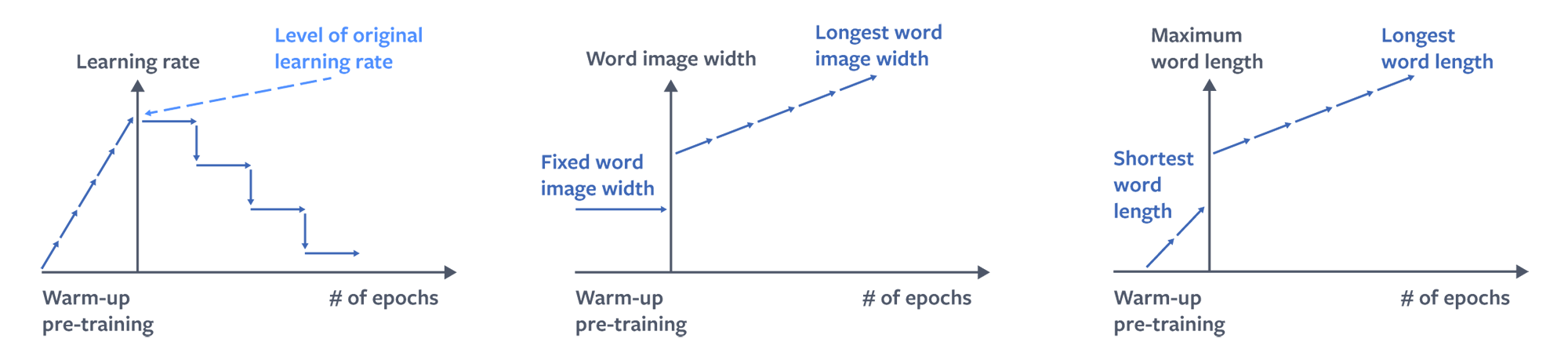 Schematic visualization for the behavior of learning rate, image width, and maximum word length under curriculum learning for the CTC text recognition model.
