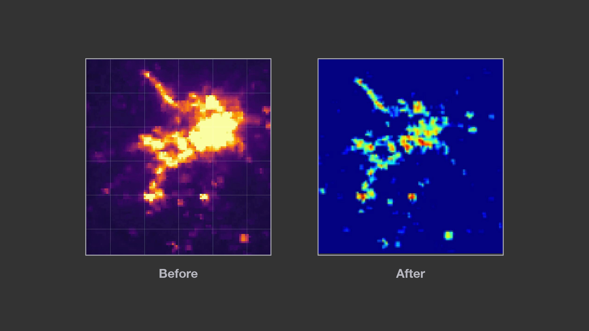 Left: Composite image before filtering for nightlights. Right: Composite image after filtering out nightlights, showing settlement level electrification